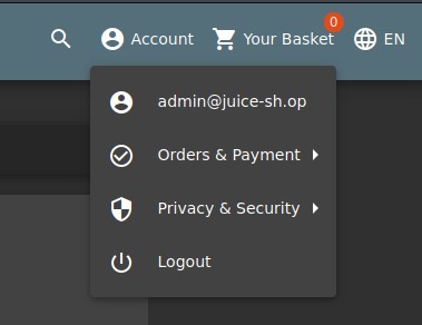 Q
e Account Your Basket EN
e
admin@juice-sh.op
Orders & Payment
Privacy & Security
Logout