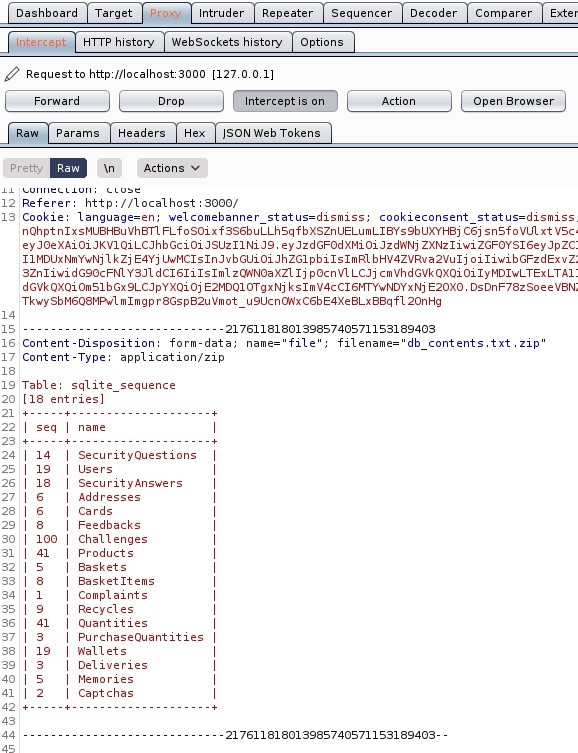 Dashboard Target 
Intruder Repeater 
Sequencer 
Decoder 
Comparer 
Exter 
HIT P history WebSockets 
history Options 
Request to http://localhost:3000 
[127001] 
Intercept iso 
Forward 
Params 
P retty 
Drop 
Headers 
Actions 
Action 
Open Browser 
"SON web Tokens 
\n 
Referer: http://localhost : 3000/ 
IS Cookie: language=en; welcomebanner status=dismiss; 
cookieconsent status=dismiss. 
n Qhpt vhan FLfosoixf3S6buLLhsqfbXSZnUELumL18Ys9bUXYH8j C6j snsfovul Xt VSC• 
eyJoeXAioiJKVIQiLCJhbGcioiJsuz11NiJ9. eyJzdGFodXMioiJzdh'Nj ZXNz1iwi 
11 MDUxNmYwNj 1 kzj E-4Yj WMC1s1nJvbGUioiJhZG1pbi1s1mR1 bHV4ZVRva2Vu1j oiliwibGFzdExvz: 
szn1iwidG90cFN1 dc161i1s1m1 z%NoaXZ1 Ij pocnvl LCJj cm vhdGVkQXQi oily MDIwLTExLTA1: 
dGVkQXQi oj E2MDQ10TgxNj kslm E20X0 DsDnF78zsoee 
TkwysbM6Q8MPw1 mimgp Vmot_u9Ucn0AxC6bE4Xe8Lxaaqf120nHg 
- 217611818013985740571153189403 
16 Content -Disposition: form-data; 
contents.txt 
17 Content -Type: application/ zip 
19 Table: sqlite_sequence 
[18 entries] 
. zlp 
seq 
41 
41 
name 
SecurityQuestions 
Users 
SecurityAnswers 
Addresses 
Ca rds 
Feedbacks 
Chall enges 
Products 
Baskets 
Basket It ems 
Compl aints 
Recycles 
Quantities 
PurchaseQuantities 
"all ets 
Deliveries 
Memories 
Capt chas 
- 217611818013985740571153189403 