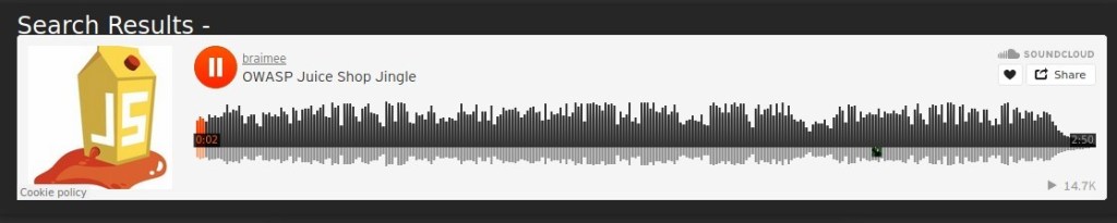 Search Results - 
braimee 
OWASP Juice Shop Jingle 
SOUNDCLOUD 
Share 