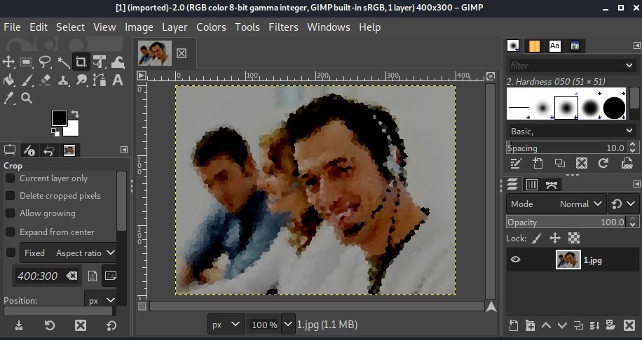 - GIMP 
File 
[I] (imported)-2.O (RG B color 8-bit gamma integer, G I M P bu ilt-in sRG B, I layer) 400x300 
Edit Select View Image Layer Colors Tools Filters Windows Help 
1. 
2. Hardness 050 (51 51) 
Basic, 
Current layer only 
Delete cropped pixels 
Allmv g rcwing 
Expand from center 
Fixed Aspect ratio v 
400:300 a D 
Position: 
Mode 
10.0 
Normal v 
100.0 
v 
100% 
v l.jpg (1.1 MB) 