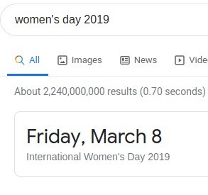 women's day 2019
Q All Images @ News @ Vide
About results (0.70 seconds)
Friday, March 8
International Women's Day 2019