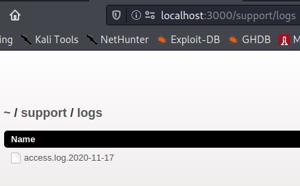 Ing 
Kali Tools 
NetHunter 
localhost:3000/support/logs 
Exploit-DB 
•e GHDB 
— I support I logs 
Name 
access.log.2020-11-17 